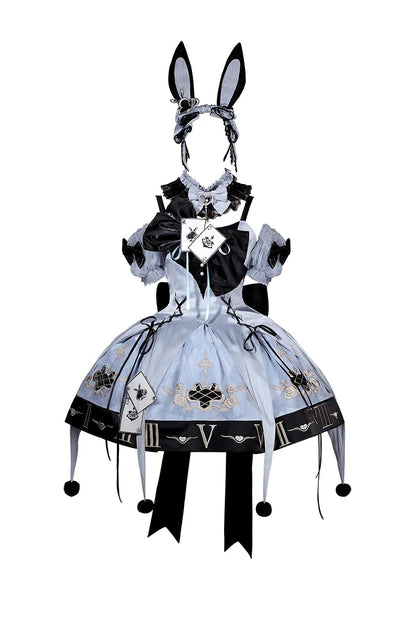 [Reservierungsschluss 10. Juli] Blau-schwarzes Alice-Gothic-Lolita-Komplettset mit Hasenohren-Haarreif und Kleid