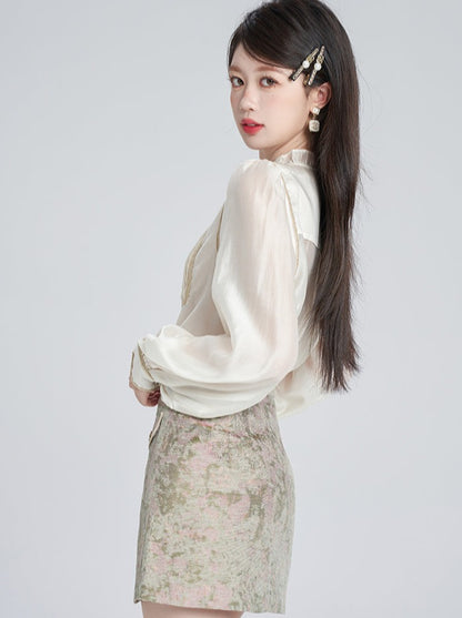 French apricot stand collar shirt + retro design skirt