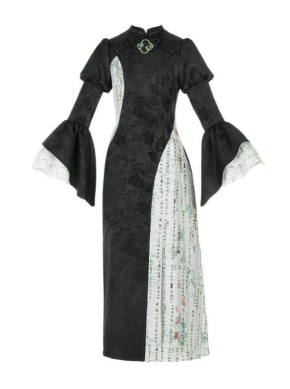 China Asymmetrical Long Dress + Beaded Necklace + Big Bow