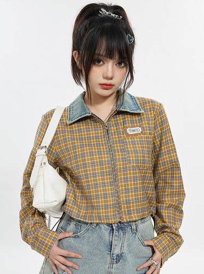 Retro Denim Check Zipper Jacket