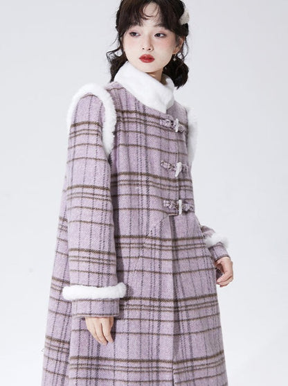 Purple Horn Button Check Stand Collar Wool Coat