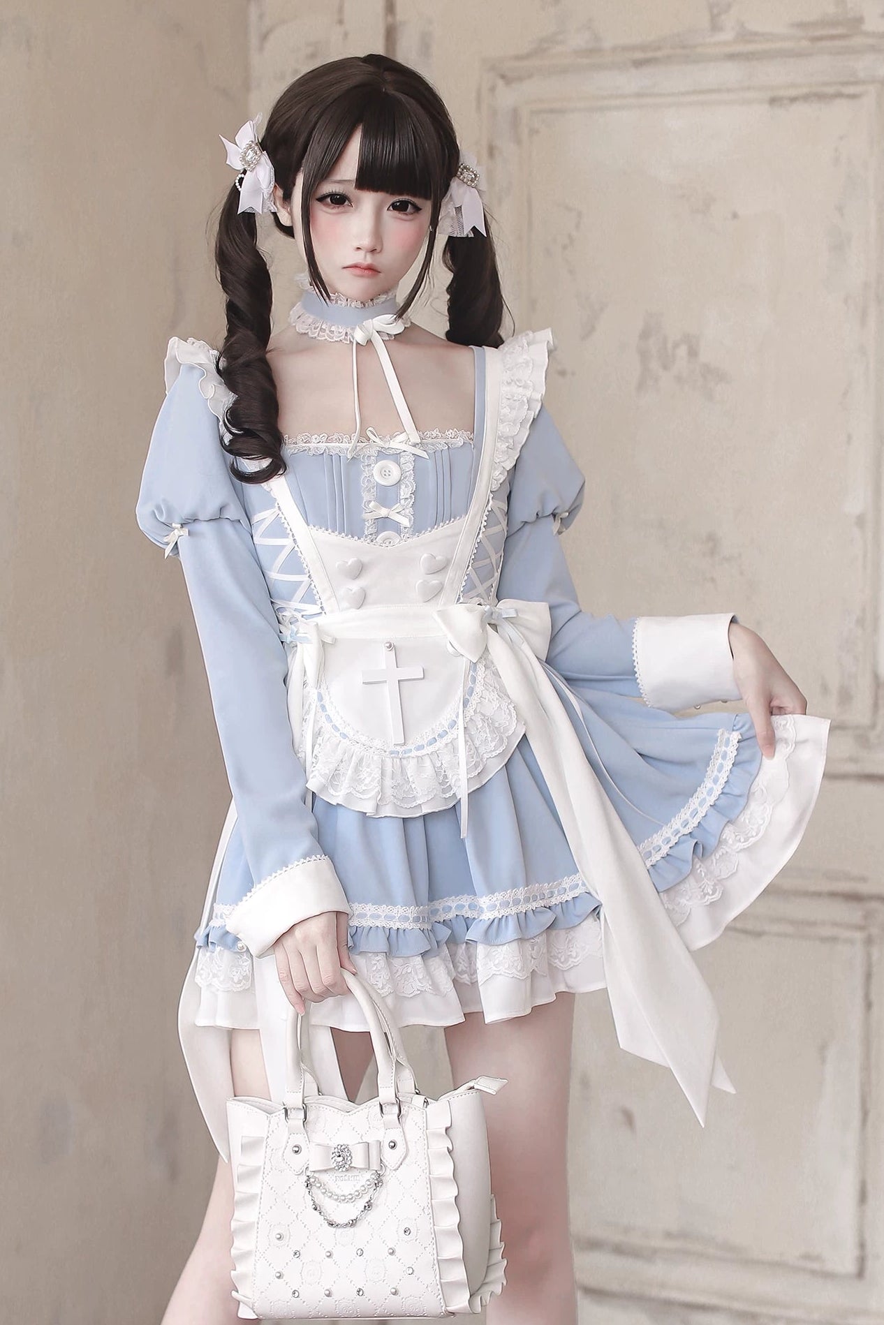 【4月15日预售截止】水蓝色医疗蕾丝交叉围裙连衣裙+项圈