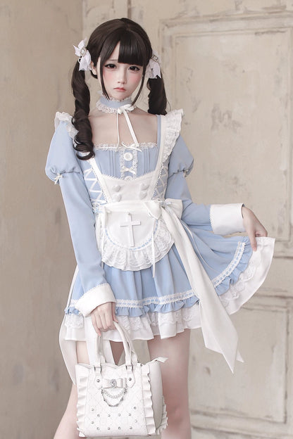 【4月15日预售截止】水蓝色医疗蕾丝交叉围裙连衣裙+项圈