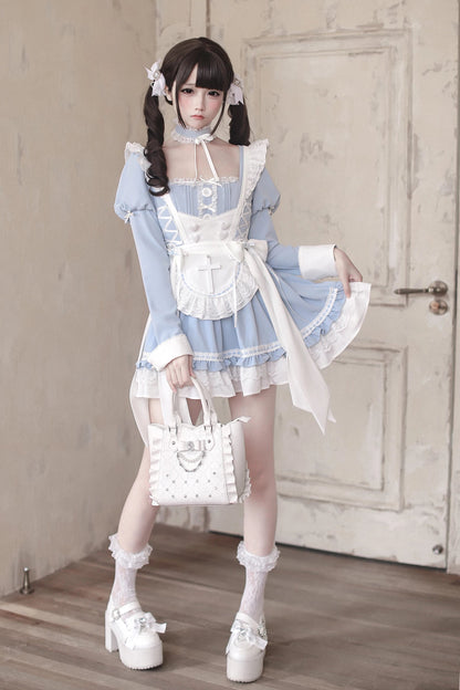 【4月15日预售截止】水蓝色医疗蕾丝交叉围裙连衣裙+项圈