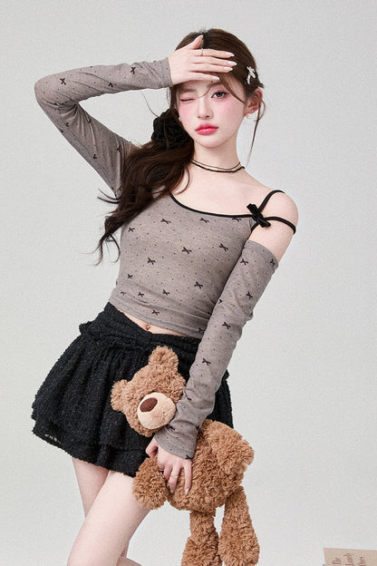 Suspender Off-Shoulder Long Sleeve Top