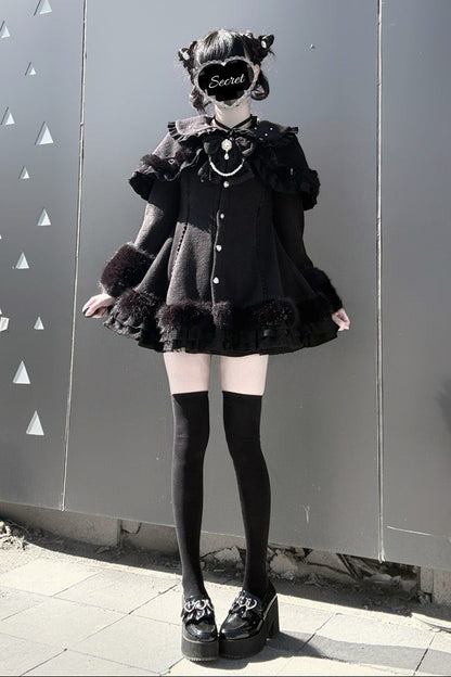 【11月13日予約締切】Black Pearl Bow-Tie Fur Coat With Detachable Cape And Fur Cuffs