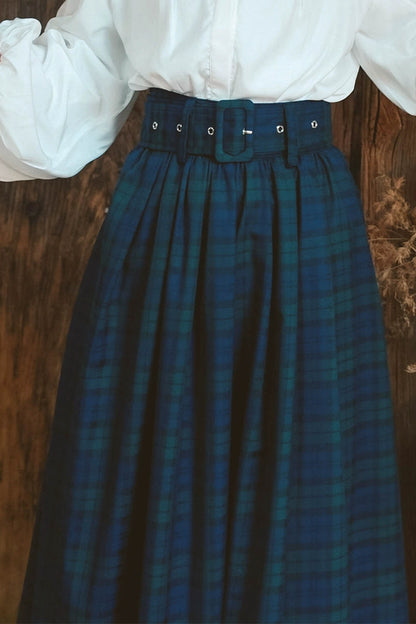 Retro Check Waist Belt Design Long Skirt