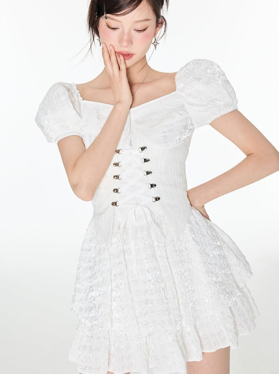 Blow Race Up West Puff Sleeve Tops + Flare Lace Skirt