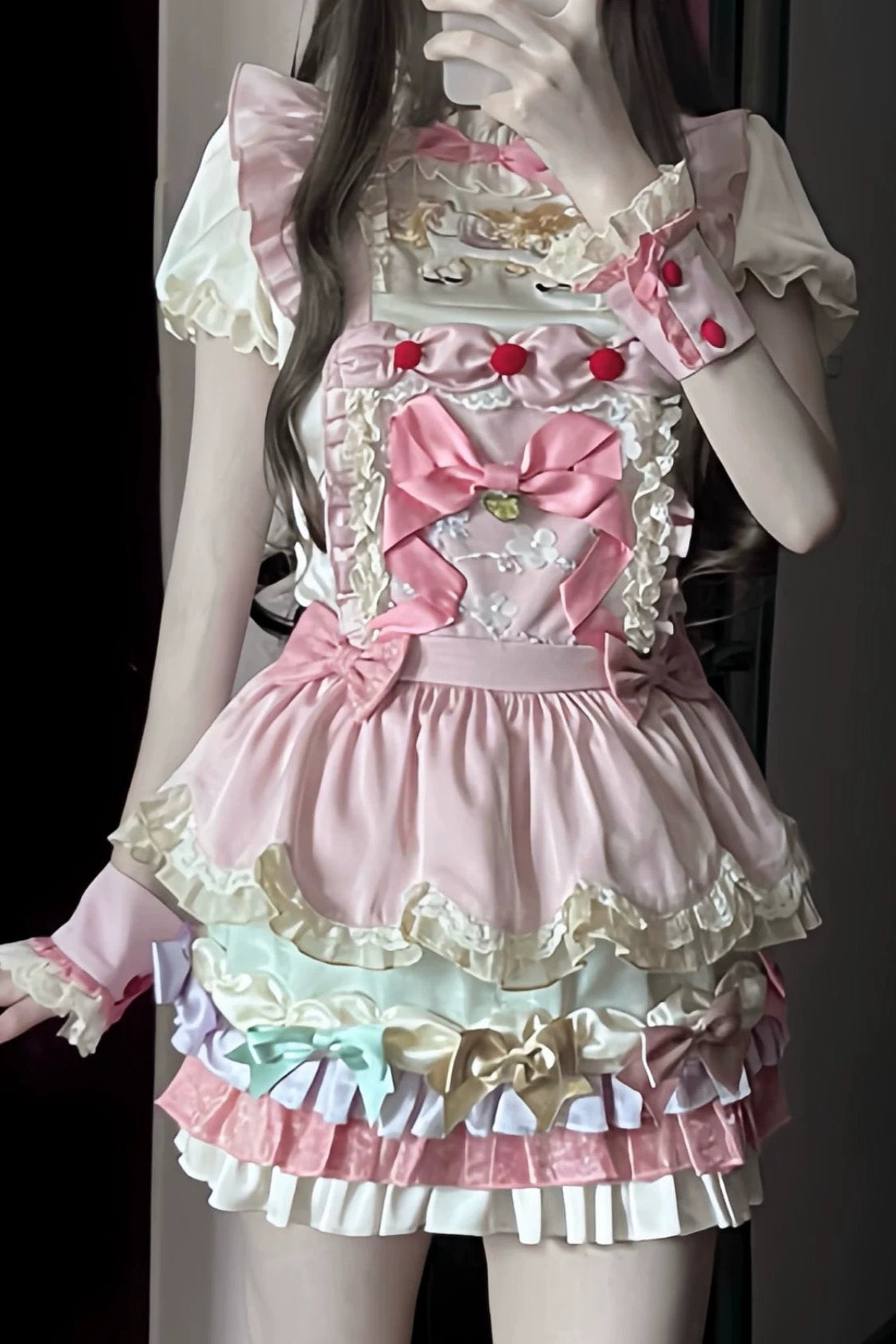 [Reservierungsschluss: 20. August] Dream-Parade Sweet-Lolita-Bluse mit Stickerei und Rüschen + gestuftes JKS-Kleidset mit Pastellschleife