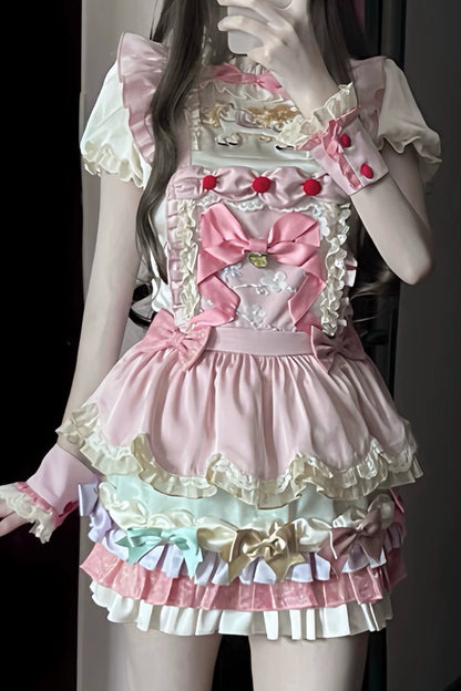 [Reservierungsschluss: 20. August] Dream-Parade Sweet-Lolita-Bluse mit Stickerei und Rüschen + gestuftes JKS-Kleidset mit Pastellschleife