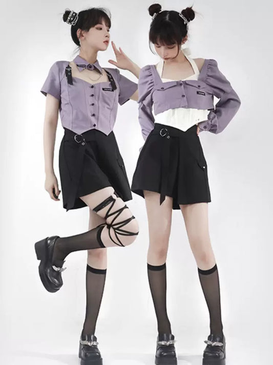 pinksavior [grape soda] purple and white shirt halter strap summer sweet cool top trousers skirt suit