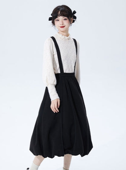 Monotone High Waist Suspender Skirt