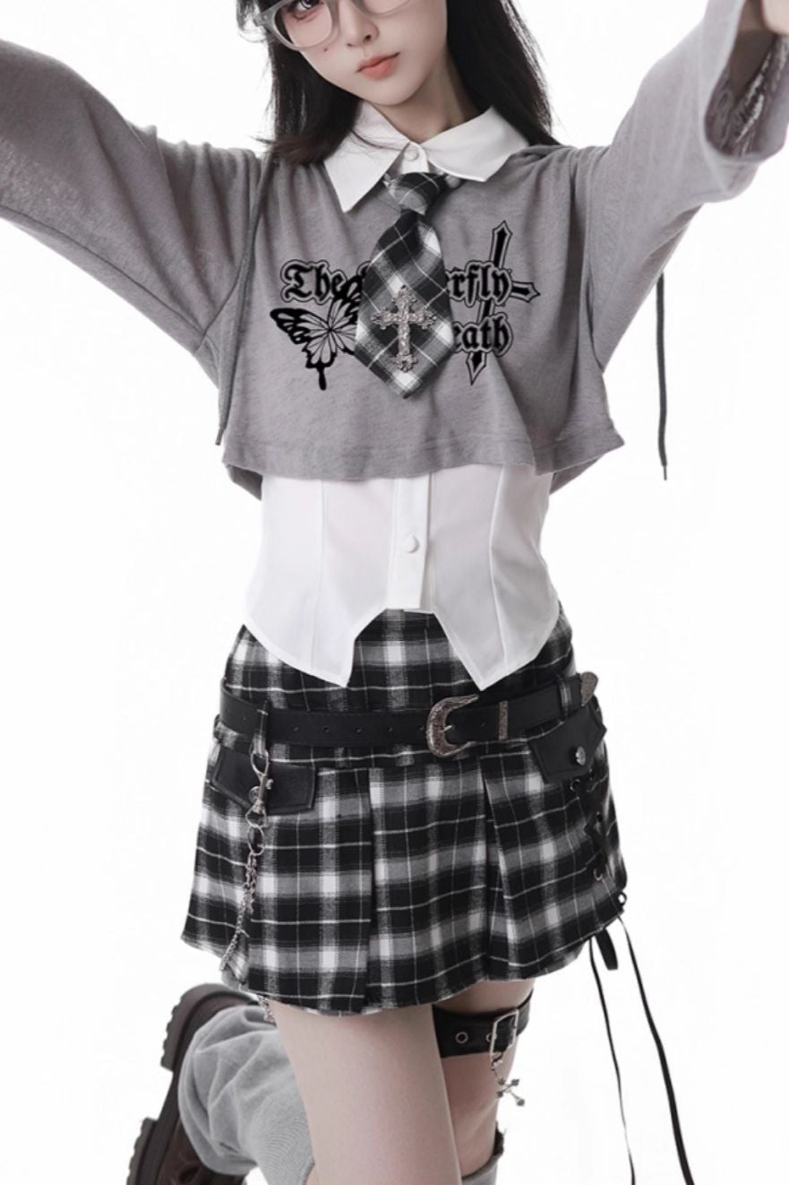 Y2K hooded short top + sleeveless shirt with tie + check culottes