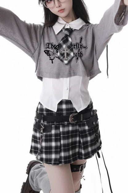 Y2K hooded short top + sleeveless shirt with tie + check culottes