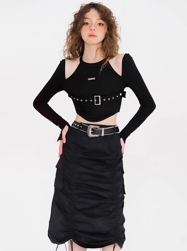 Spicy Hanging Neck Eyelet Belt Design Short Top