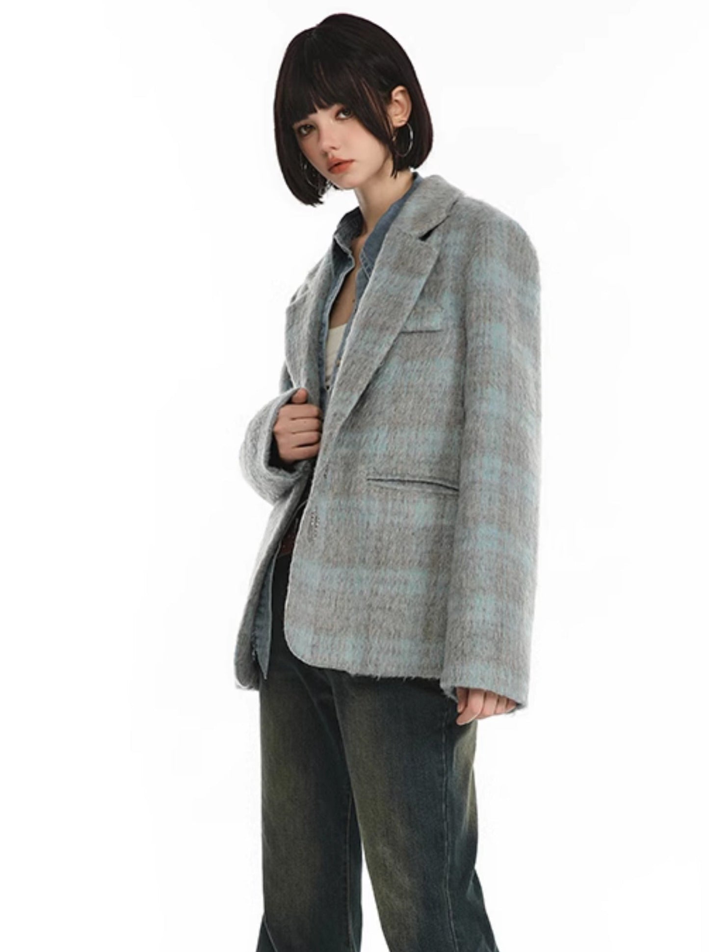 Trendy wool check retro loose jacket