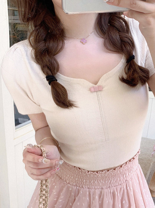 Double Cute Peach Heart Collar Daily Summer Knit Top