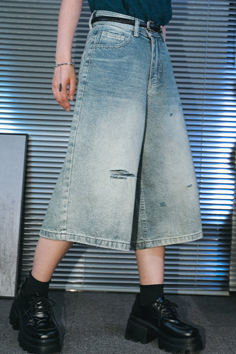 ダメージハーフデニムワイドレッグパンツ