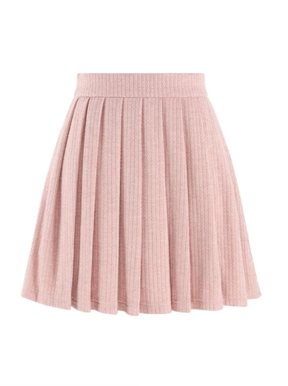 French Girly Puff Shoulder Ruffle Slim Knit Top + Pleated Skirt