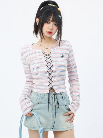 Lace-up pastel border top