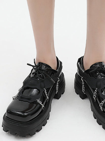 Metal Chain Square Toe Lace Up Muffin Sole Loafer Shoes