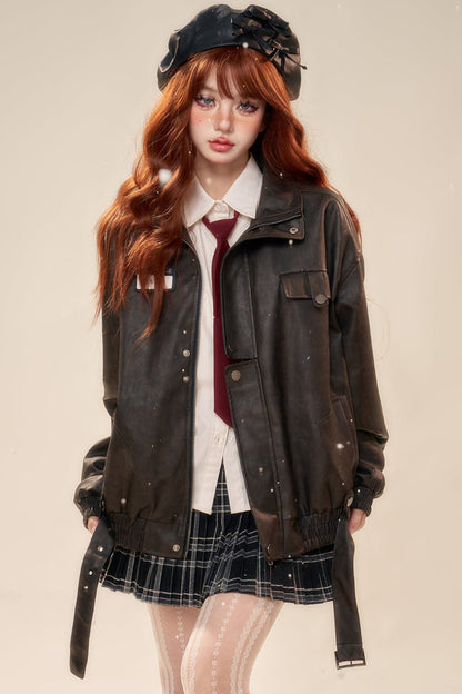 Fullscore Korean PU leather baker jacket