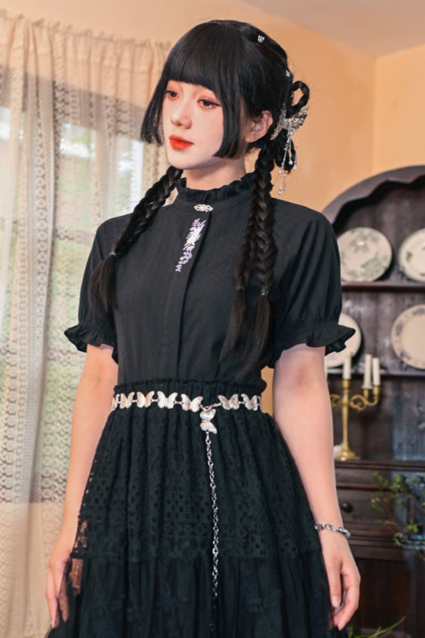 コットンススタンドカラーブラックスリムシャツ