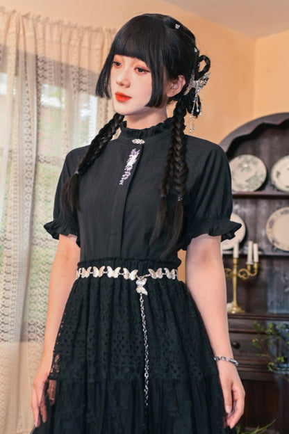 コットンススタンドカラーブラックスリムシャツ