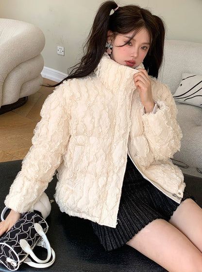 Cream Lace Stand Collar Down Jacket