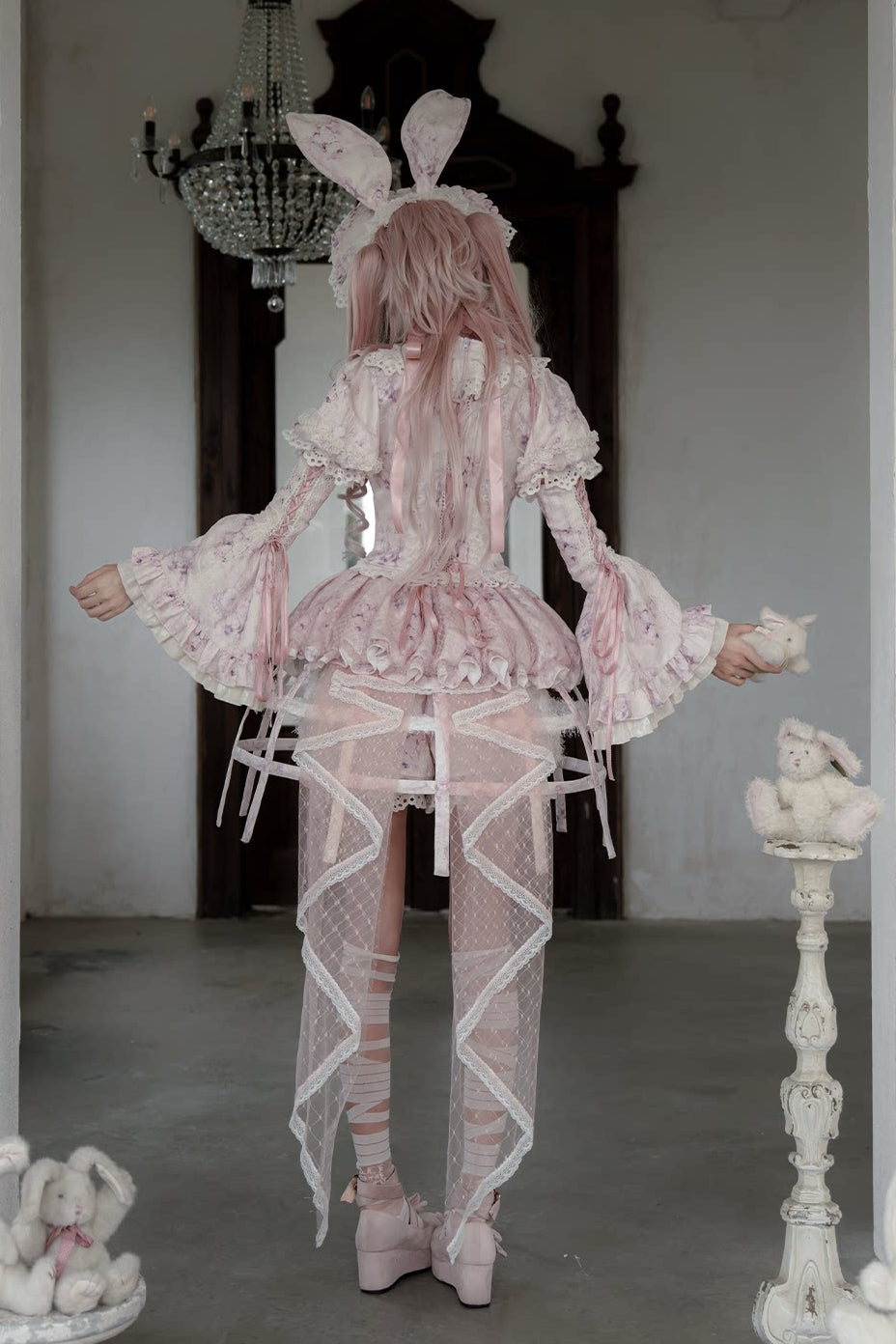 [Date limite de précommande : 6 octobre] Pink Castle Bunny ensemble poupée romantique avec haut corset à manches bouffantes en dentelle + short + surjupe à volants + surjupe cage à oiseaux Set 1/2/3