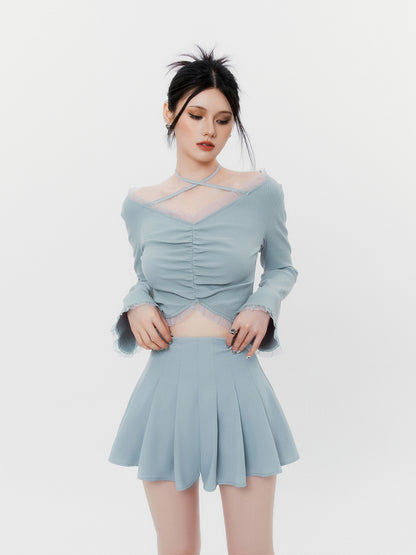 American College Style Aqua Pleated Skirt