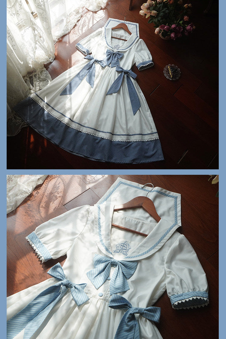 [Reservierungsschluss 28. Juni] 5 Farben/Sailor-Lolita-Streifenkleid mit Schleife und Puffärmeln