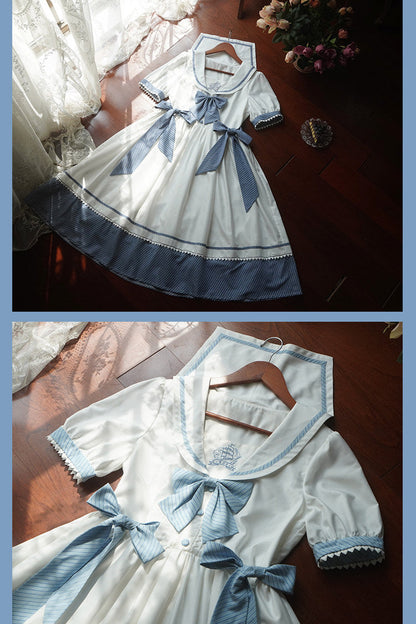 [Reservierungsschluss 28. Juni] 5 Farben/Sailor-Lolita-Streifenkleid mit Schleife und Puffärmeln