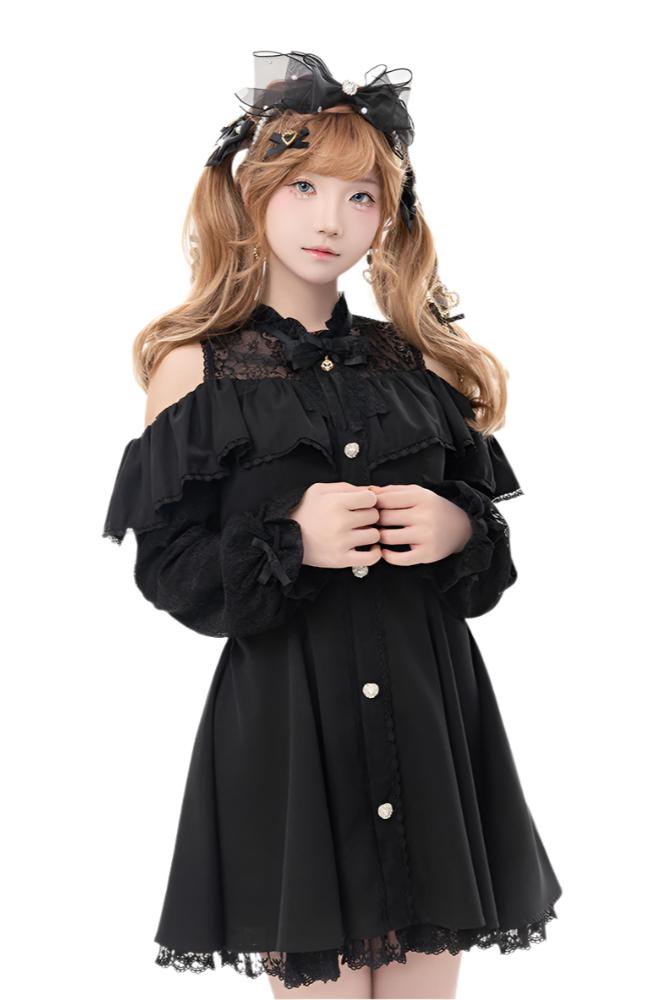 [Reservation product] Race frills off -shoulder dress