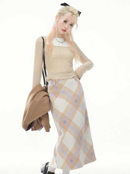 Milk Tea Argyle High Waist Draped Check Skirt