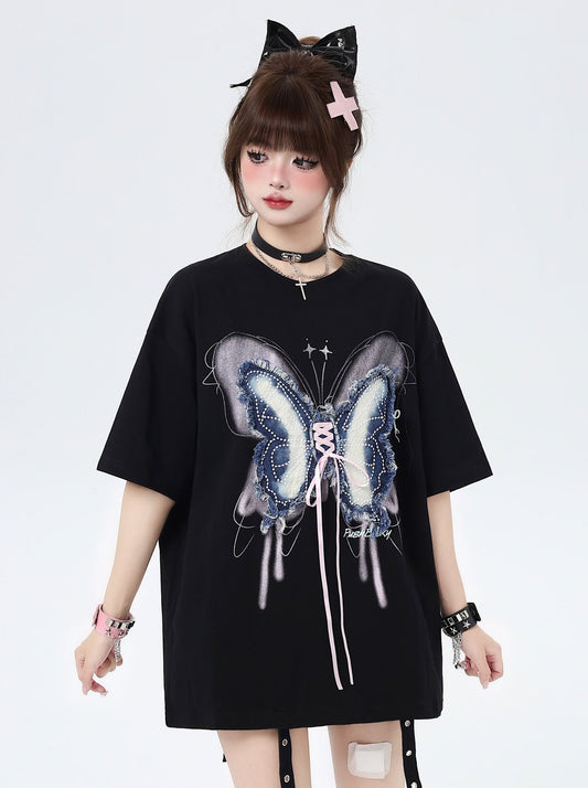 [5.31 limited time 95% off] denim butterfly patch American back strap design sense loose T-shirt top women