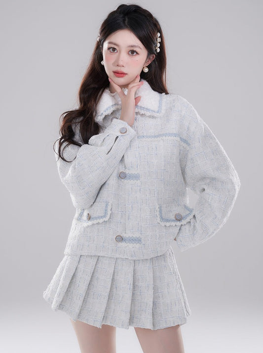프렌치 쇼트 트위드 재킷 + 트위드 플리츠 스커트