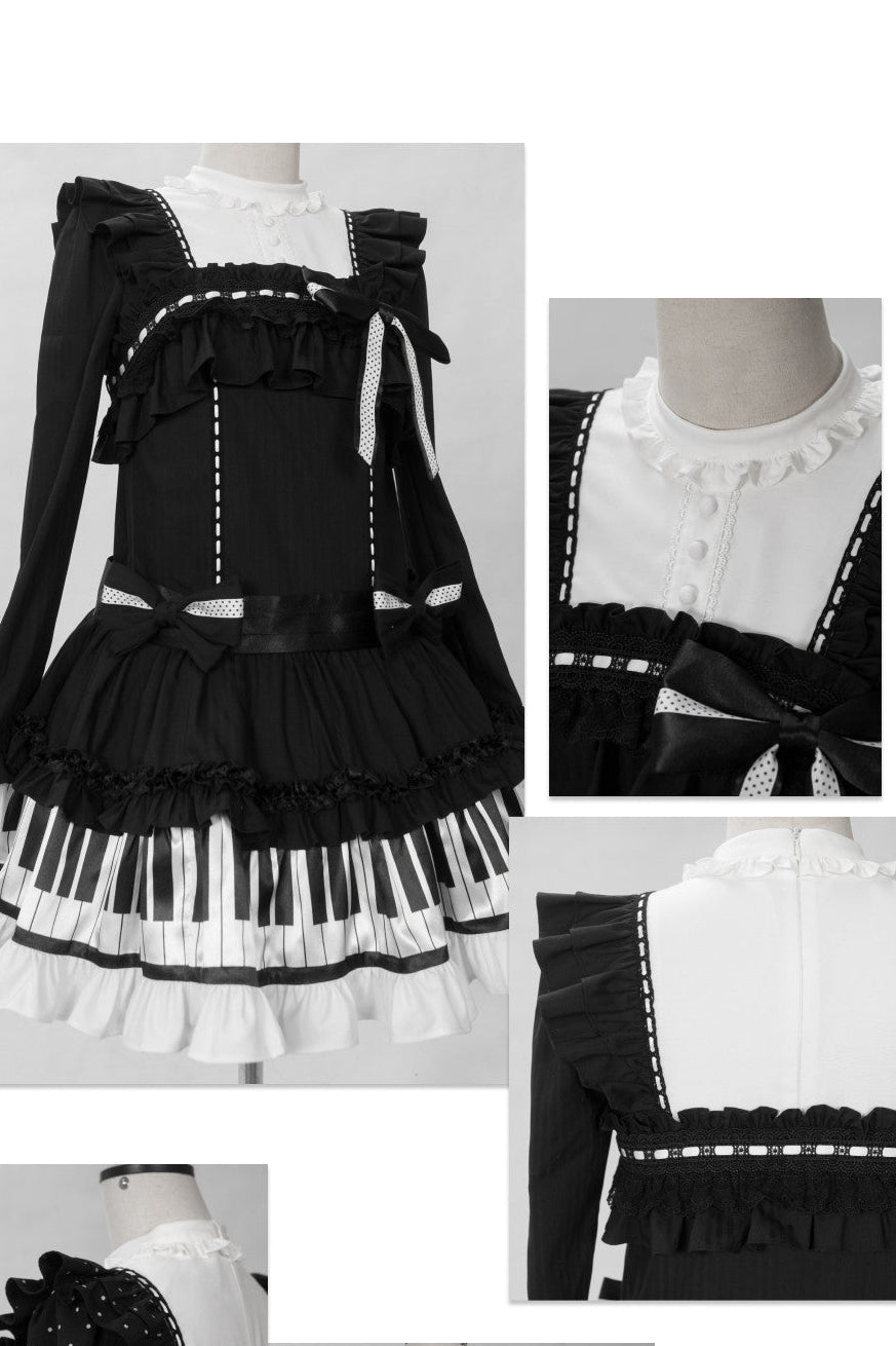 [Date limite de réservation : 22 octobre] Robe de poupée taille basse gothique Lolita à pois/noire avec touches de piano, nœud à volants