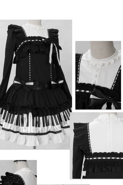 [Date limite de réservation : 22 octobre] Robe de poupée taille basse gothique Lolita à pois/noire avec touches de piano, nœud à volants