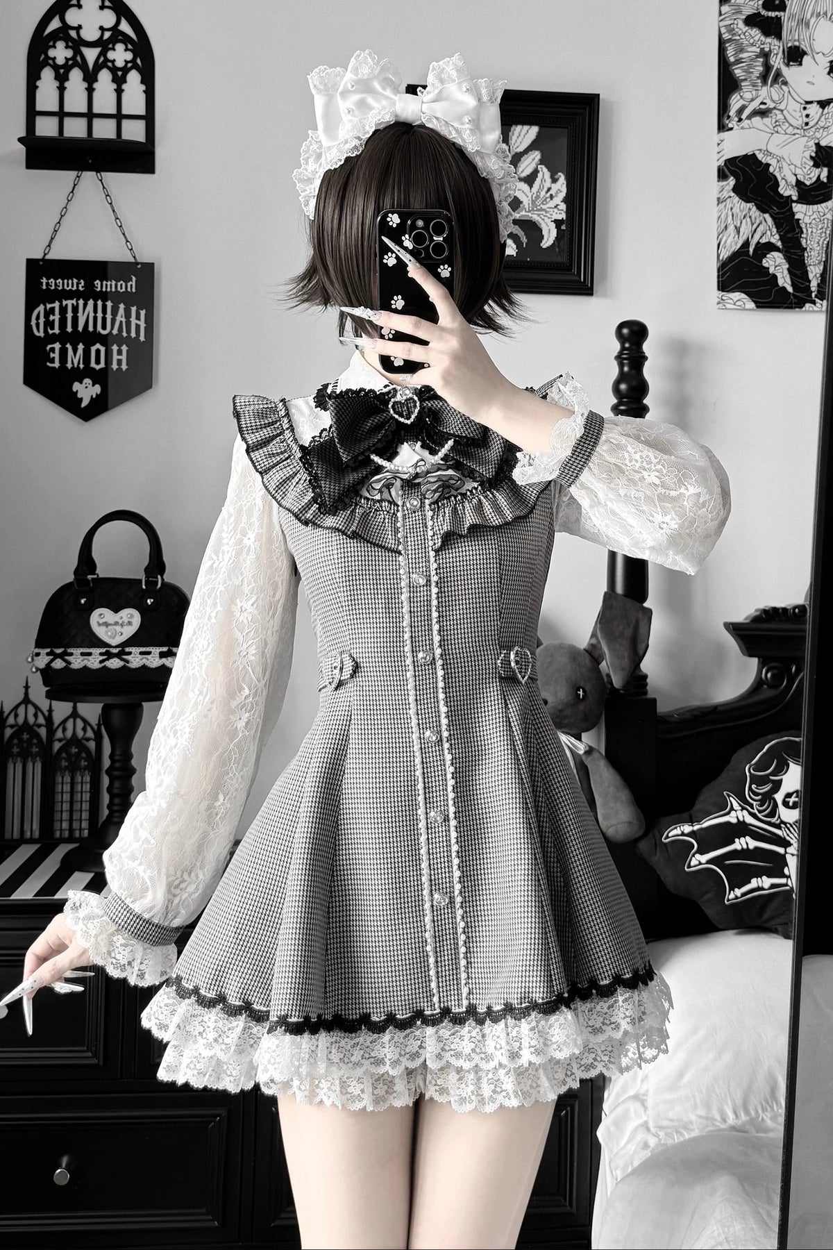 [Pre-order Deadline: November 15] Houndstooth Lace Sleeve Ruffle Dress + Matching Shorts + Pearl Ribbon Set