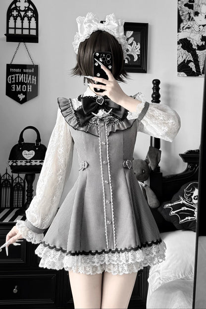 [Pre-order Deadline: November 15] Houndstooth Lace Sleeve Ruffle Dress + Matching Shorts + Pearl Ribbon Set