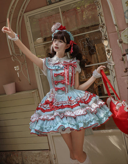 [Pre-order Deadline: September 27] Twin Tiered Lolita Dot Ribbon Striped Dress + Flower Bud Skirt Dress