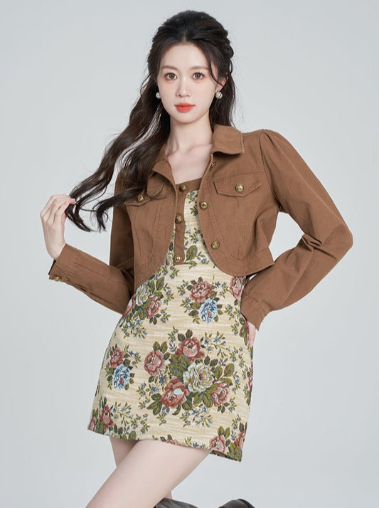 레트로 자카드 플라워 서스펜더 스커트 + 숏 재킷