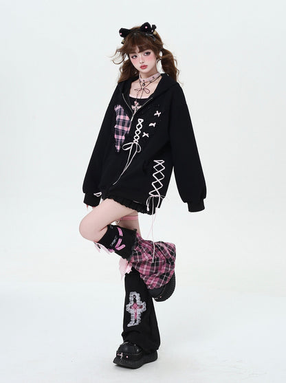 Lace-Up Design Loose Hooded Zip Hoodie