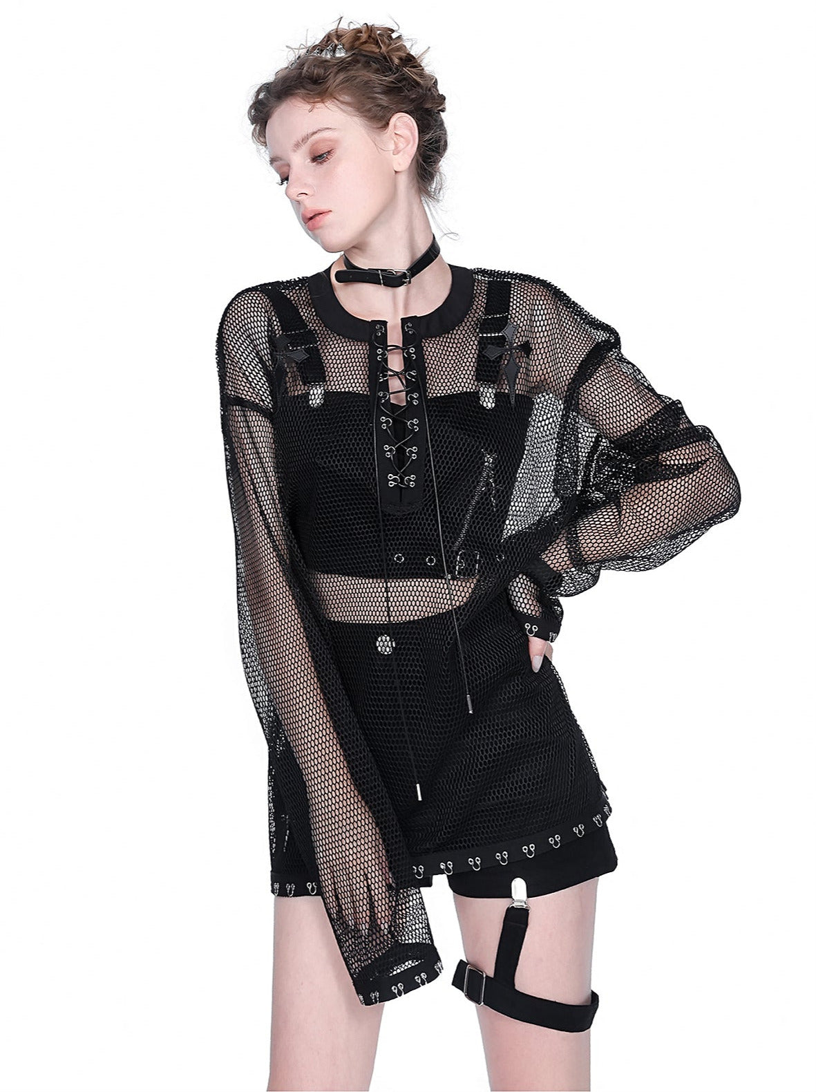 Mesh Sheer Metal Cross Lace-Up Mode Long T