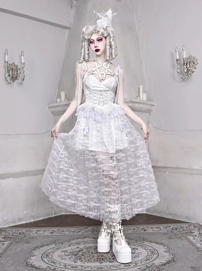 Sleeping Alice White Gothic Dark Pentagram Mesh Lace Suspender Dress [Reserved