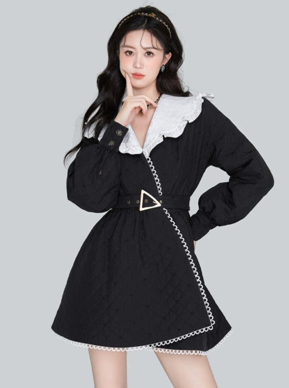 Ruffle Lace Mid Length Waist Design Coat