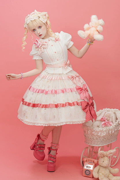 [Reservierungsschluss am 105] Sweet-Lolita-Hemd mit Peter-Pan-Kragen, Polka-Dots und Taillenband + Rock mit dreifacher Schleife + Set