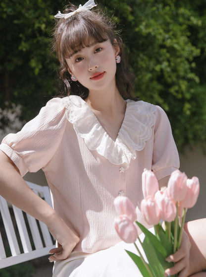 Puff sleeves French lace color shirt