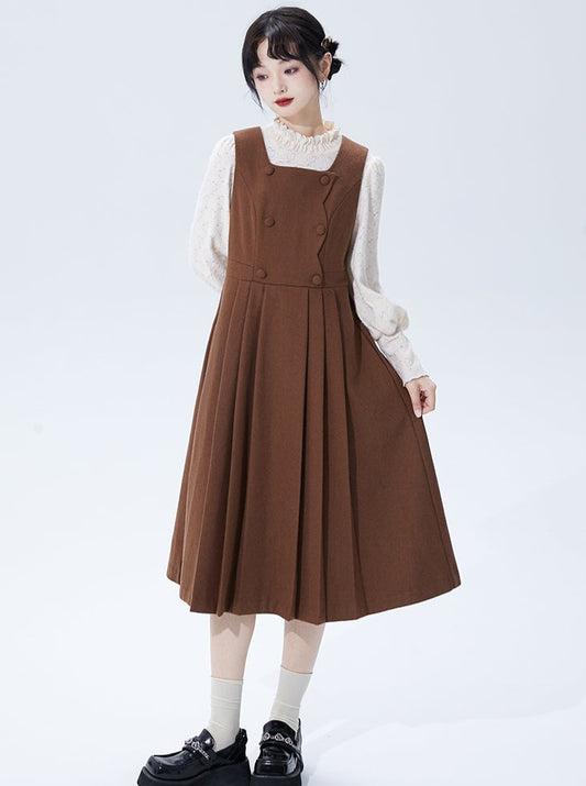 Preppy Style Double-Breasted Wool Tank Top Dress